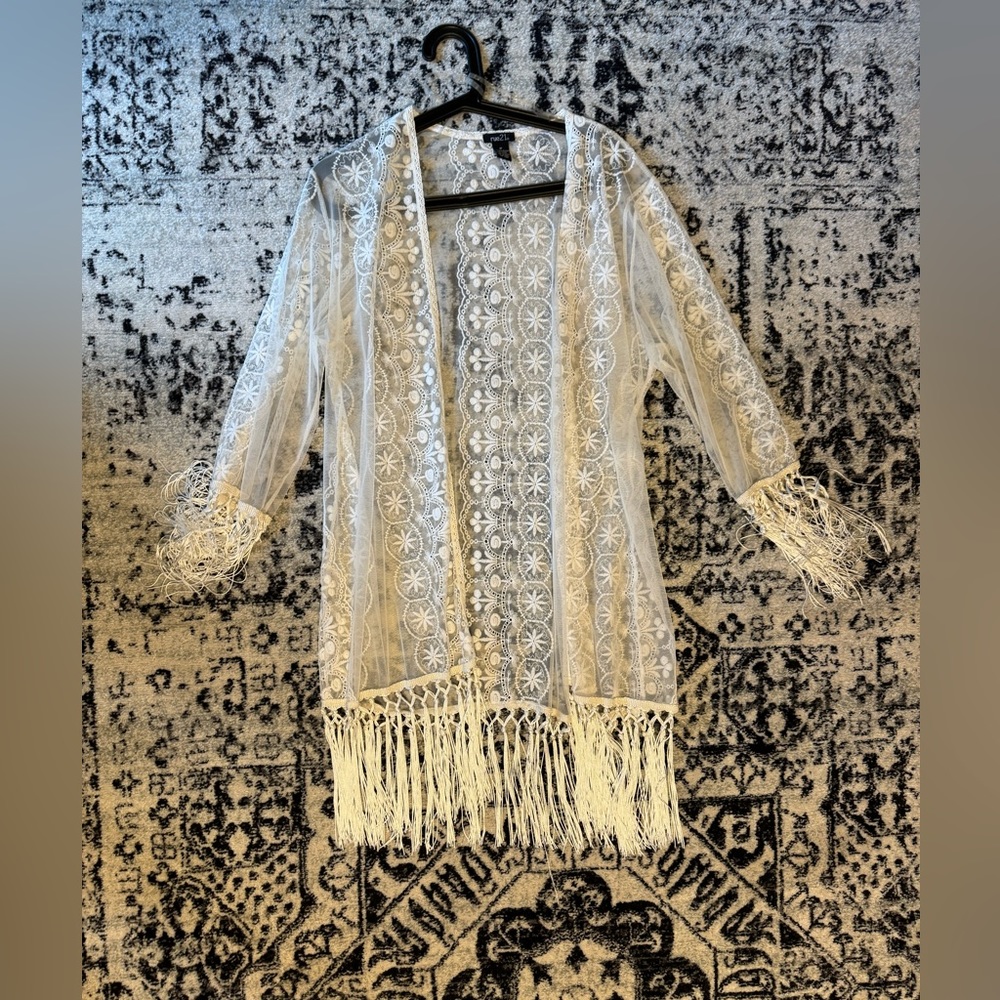 Cream shaw or coverup with fringe detail- medium